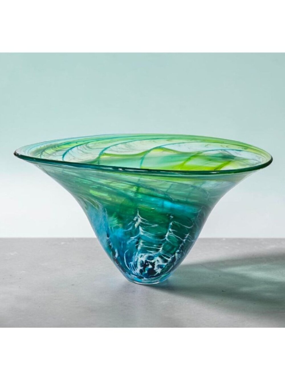 Richard Glass Large Ocean Bowl Hand-Blown Green & Blue Swirl Art Glass Bowl 11"